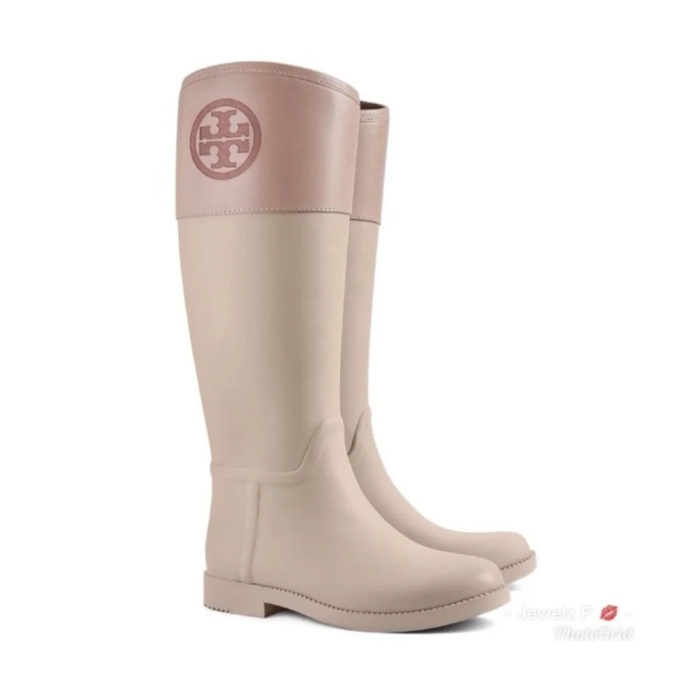 TORY BURCH Gray & Tan Over the Knee Rain Boots Grey